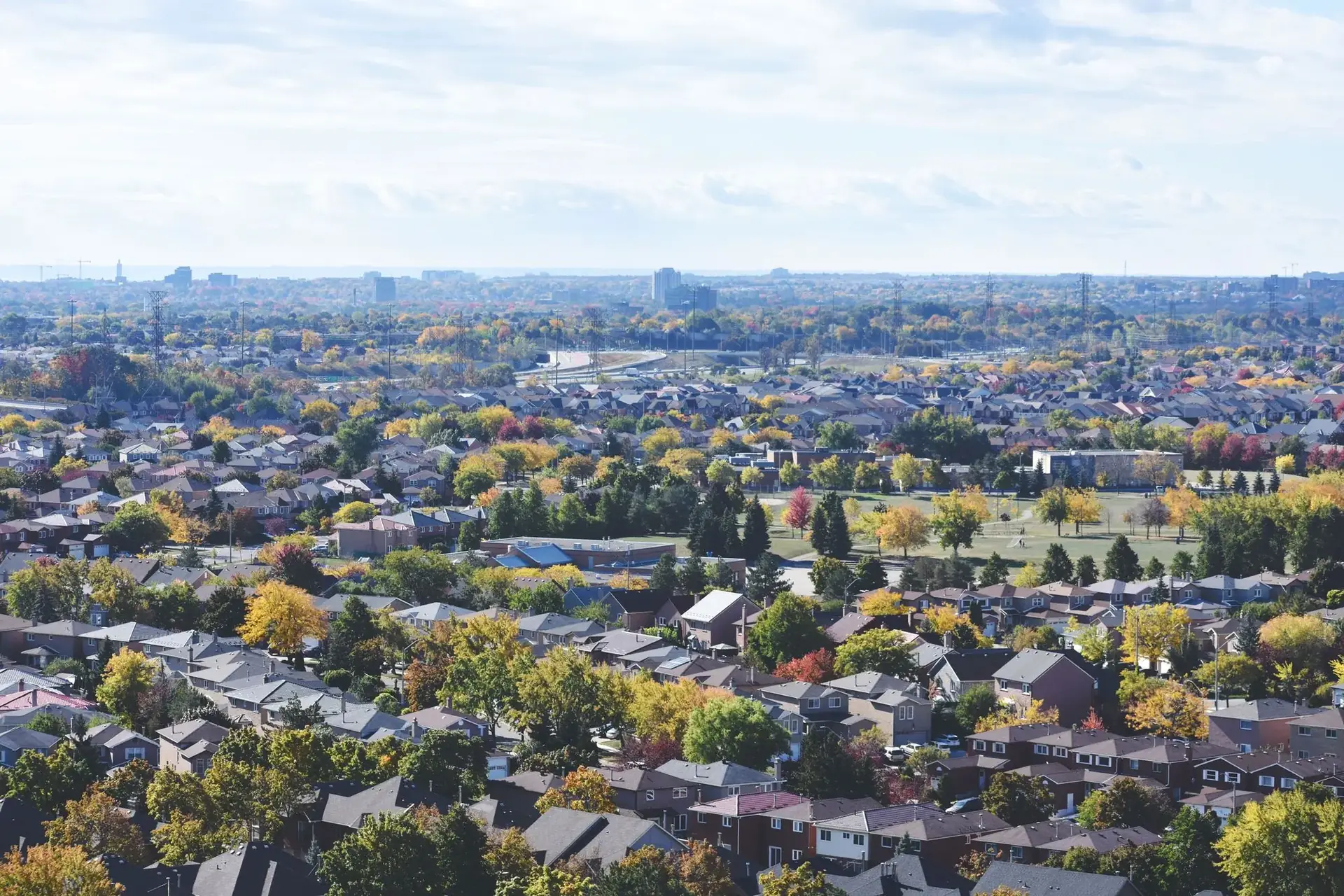 Aerial view of a leafy suburb in autumn